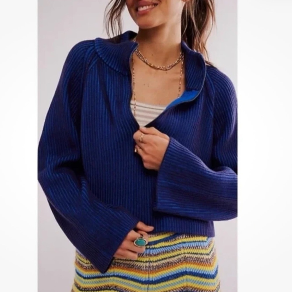 NWT Free People Sz S Greta Cropped Half Zip Pullover Sweater Blue Cotton